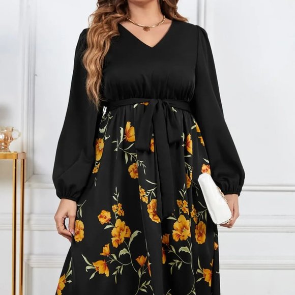 Melo Apparel Plus Size Floral Print Tie Belt V-Neck Balloon Sleeve Midi Dress - Picture 1 of 7